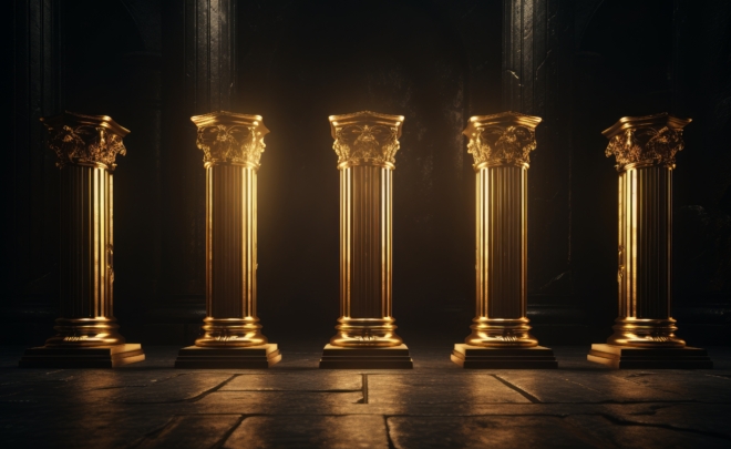 Five golden pillars on dark place