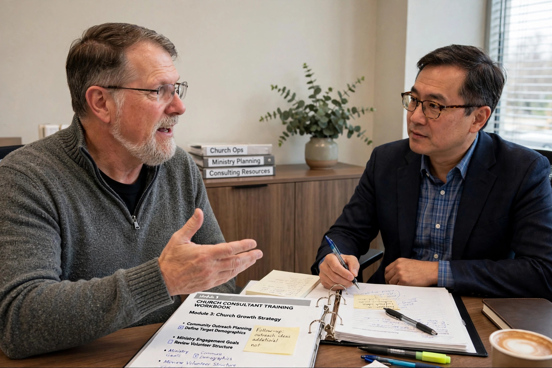 Illustrative scene of Bill Tenny-Brittian working through ministry plans with a church leader