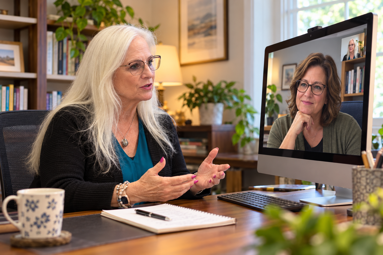 Illustrative scene of Dr. Kris Tenny-Brittian leading a one-on-one video coaching call with a woman pastor in everyday professional clothing